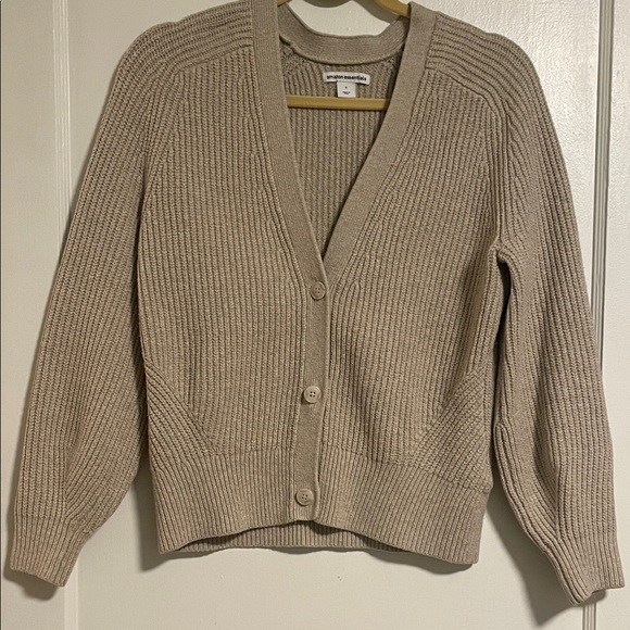 Amazon Essentials Ribbed V-Neck Button Cardigan - Beige - Picture 3 of 8